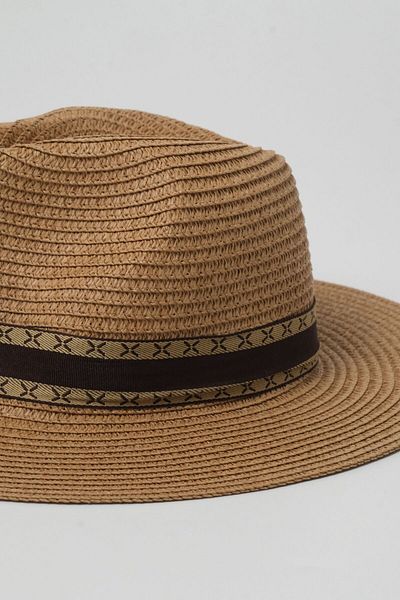 OX-RA Camel Panama Straw Beach Hat with Fabric Stripe Detail