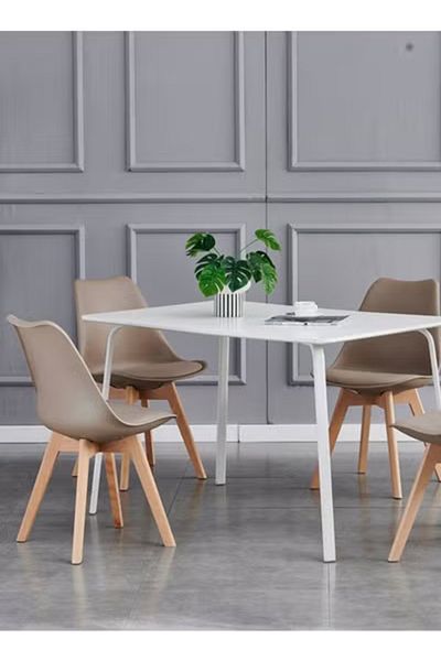 Taimi Mid Century Modern Side Chair , PU Leather Soft Padded Seats and Solid Wood Legs Beige