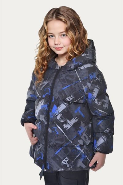 Montland Girl's Saks Anthracite Digital Pattern Fleece Water and Windproof Hooded Puffer Winter Coat