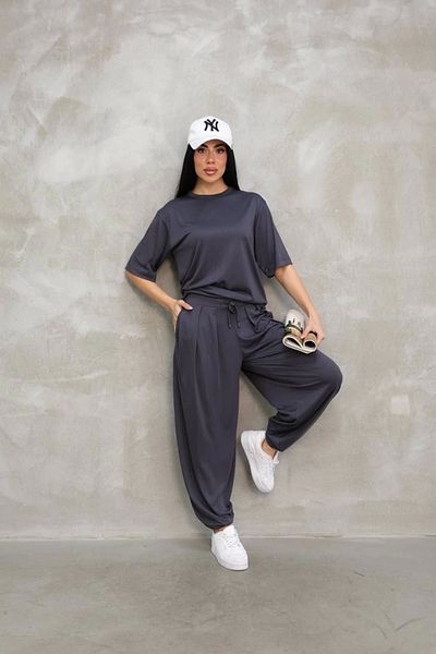 Tam12den Home Soft Textured Fabric Oversize Crew Neck T-Shirt Jogger Sweatpants Tracksuit Set-Anthracite
