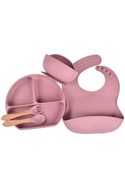 COOYA BPA Free Silicone Feeding Set,5 Baby Weaning Feeding Supplies,Suction Bowl,Divided Plate,Spoon,Fork