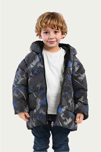 Montland Palton de iarnă pentru băieți - Saks Antracit, model digital, fleece impermeabil și rezistent la vânt, puf cu glugă