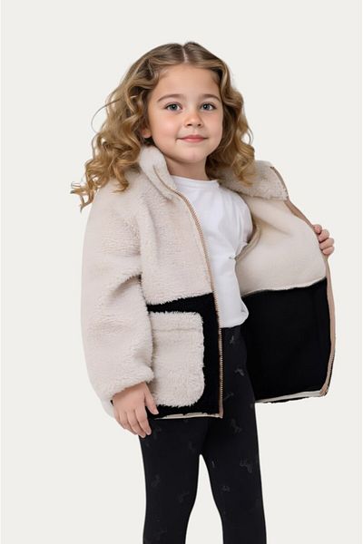 Montland Girl's Plush Ecru Black Pocket Zippered Welsoft Winter Coat