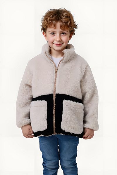 Montland Boy's Plush Ecru Black Pocket Zippered Welsoft Winter Coat