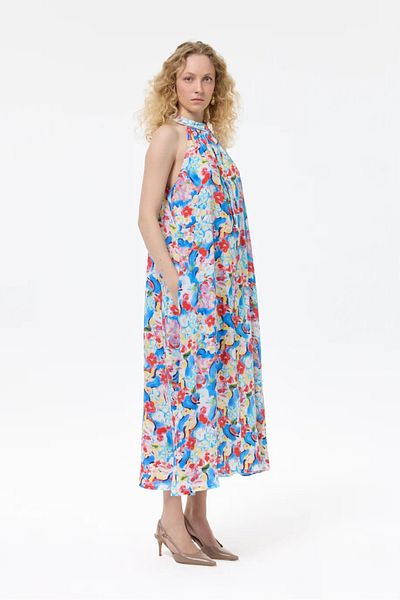 Quzu Halter Neck Floral Patterned Long Dress Blue