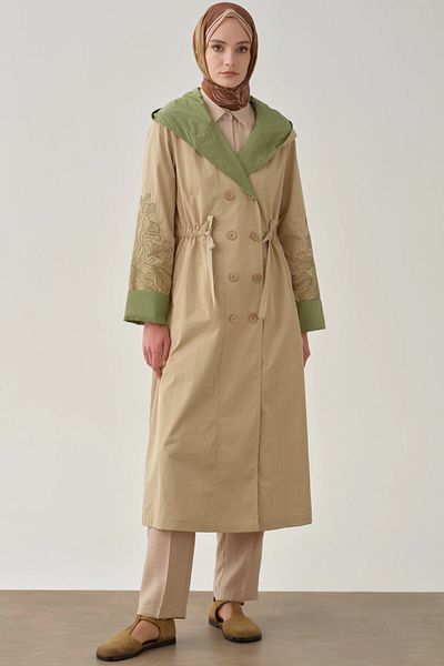 Tuğba Embroidered Trench Coat - Beige