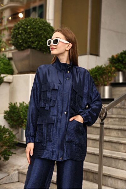 Klein Lacivert Parlak Modal Oversize Ceket Ve Pantolon Takım