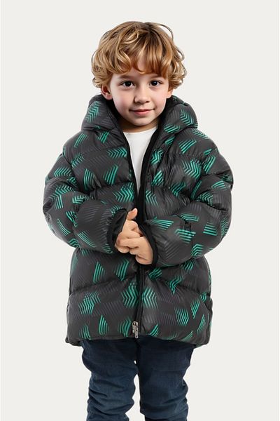 Montland Boys' Winter Jacket - Black Green Digital Pattern, Fleece Water and Windproof, Hooded Inflatable