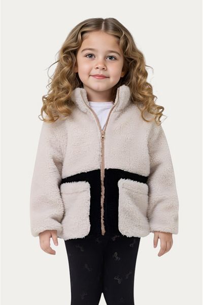 Montland Girl's Plush Ecru Black Pocket Zippered Welsoft Winter Coat