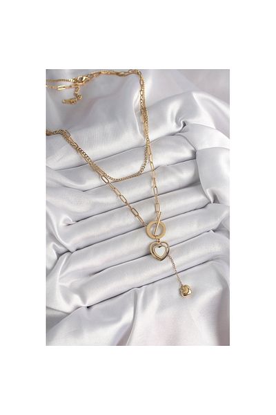 Skygo 316L Steel Gold Color 2-Piece Chain Model Dangle Detail Women's Necklace - Tj-Bko9936