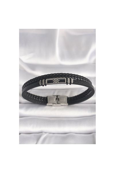 Skygo 316L Steel Silver Color Ship Wheel Figure Black Twirl Leather Cord Men's Bracelet