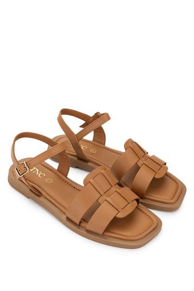 Tamer Tanca Women's Genuine Leather Dark Tan Flat Sandals