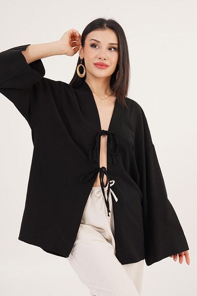 Hipo Trend Casual Black Tunic with Front Tie Detail
