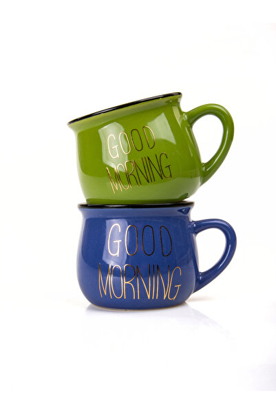 MUKKO HOME Set of 2 Enamel Look Porcelain Mugs with Good Morning Gold Writing 150 ml