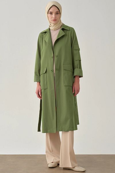 Tuğba Olive Colored Pocketed Stripe Printed Trench Coat Shoes