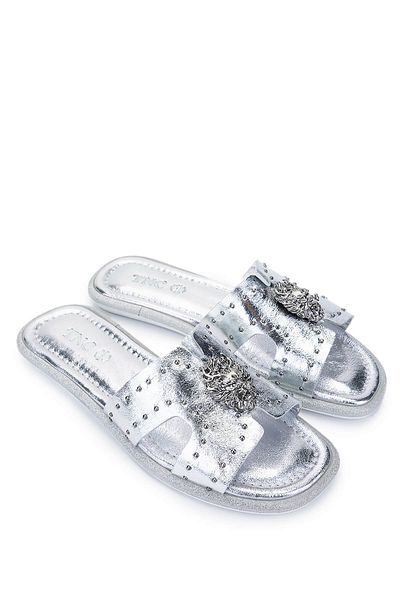 Tamer Tanca Women's Genuine Leather Gray Flat Slippers