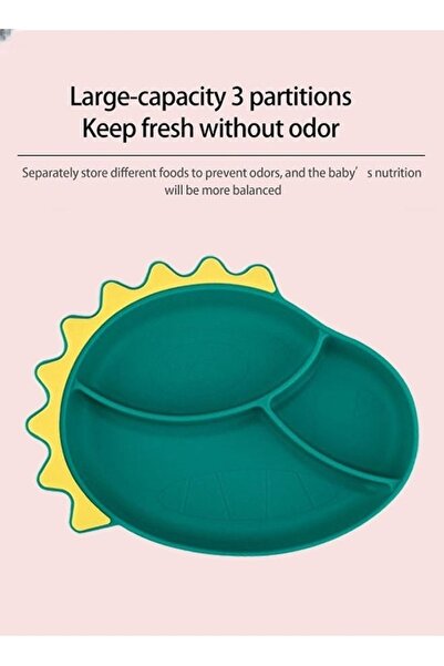 COOYA 3-Piece Baby Feeding Bowl Spoon Fork Set, Cartoon Dinosaur Silicone Suction Divided Plate(Green)