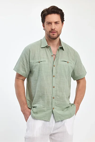 TCT TEKSTİL Men's Shirt with Slub Collar and Double Pocket -4540