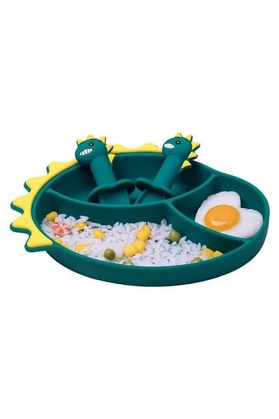COOYA 3-Piece Baby Feeding Bowl Spoon Fork Set, Cartoon Dinosaur Silicone Suction Divided Plate(Green)