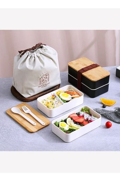 COOYA 1200ml Double Bamboo Lid Bento Lunch Box, Japanese 2 In 1 Compartment Bento Box Stackable