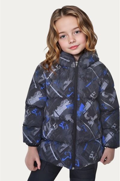 Montland Girl's Saks Anthracite Digital Pattern Fleece Water and Windproof Hooded Puffer Winter Coat
