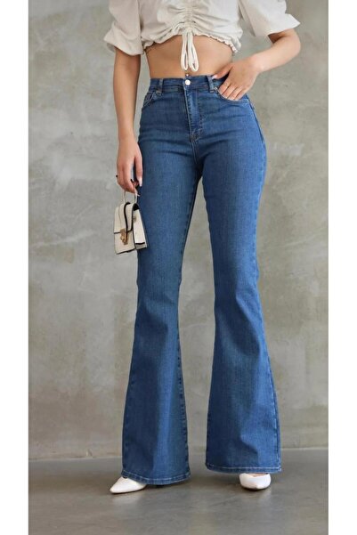 Pubi Yüksekbel Likralı Ispanyol Paça Jeans