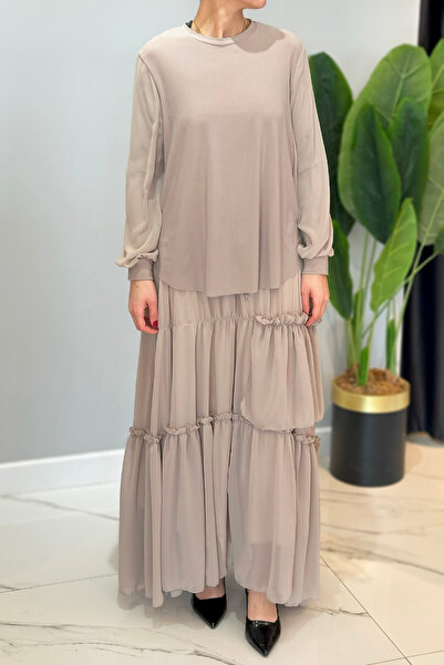 Ceremony Φούστα σιφόν με μανίκια - Σετ Sandy με βολάν και κρασί μπεζ 5999