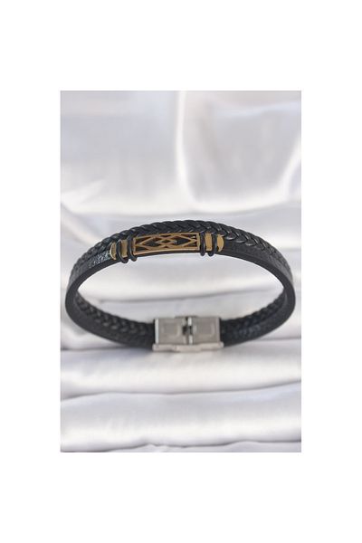 Skygo 316L Steel Gold Color Accessory Double Row Black Twist Pattern Leather Cord Men's Bracelet - Tj-Eb3710