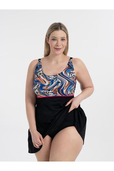 AQUAVİVA Aquaviva Women's Large Size Black Blue Orange Pattern Gathering Intermediate Pipe Adjustable Strap Stylish Dress