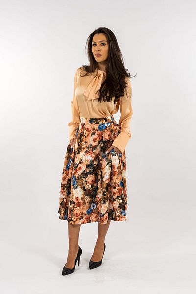 Gorgeaux Orange Floral Skirt and Blouse with Tie Set - 5XL(50)