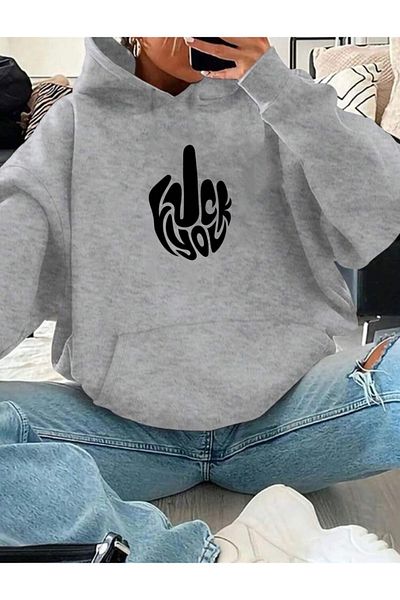 RPT MODA Oversized Fck You Printed Detail Hooded Basic Sweatshirt