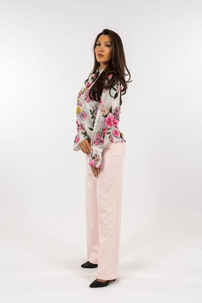 Gorgeaux Elegant Floral Blouse and Pastel Pink Pants Set - XXL(44)