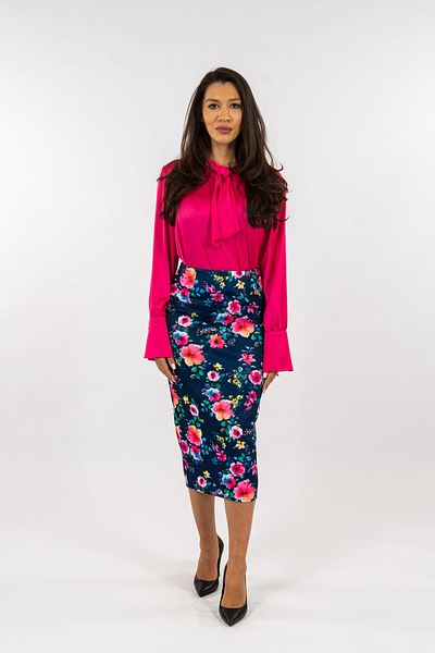 Gorgeaux Pink Blouse And Blue Floral Skirt Set - Xxl(44)