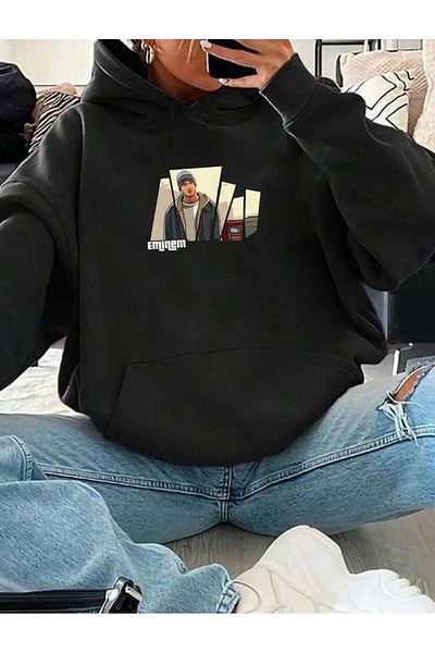 RPT MODA Oversized Emi̇nem Printed Detail Basic Sweatshirt with Hood