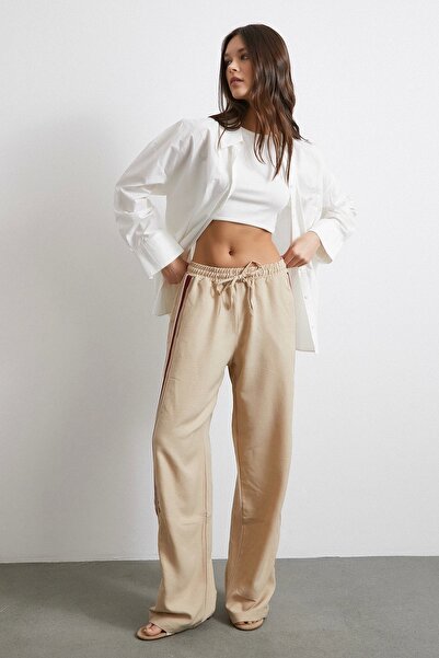 Never more Beige Elastic Waist Double Stripe Trousers