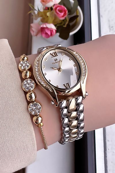 Homies Women Wrist Watch - Oval Case, Gold Silver Steel Band Hmby2050C2