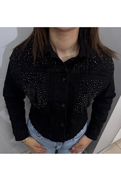 Happy Pink Siyah Taşlı Oversize Kot Ceket