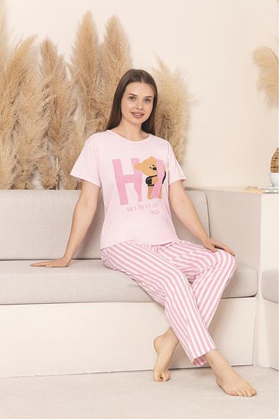 PİJAMORE Women's Teddy Bear Pajamas Set, Short Sleeve, Summer 100% Cotton, Soft, Dowry