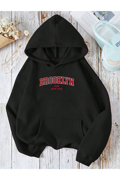 RPT MODA Oversized Red Brooklyn Print Detail Basic Sweatshirt with Hood