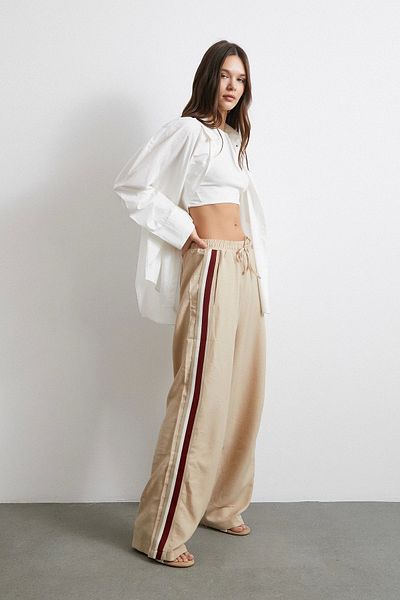 Never more Beige Elastic Waist Double Stripe Trousers