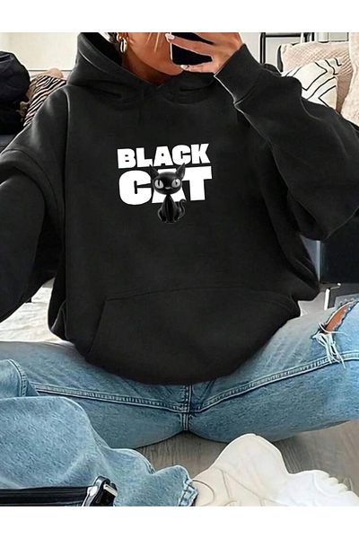 RPT MODA Oversized Black Cat Print Detail Hooded Basic Sweatshirt