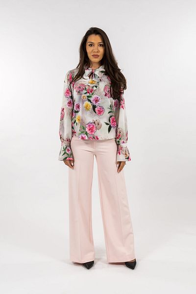 Gorgeaux Elegant Floral Blouse and Pastel Pink Pants Set - XXL(44)