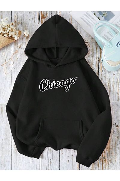 RPT MODA Oversized Black Chicago Print Detail Basic Sweatshirt with Hood