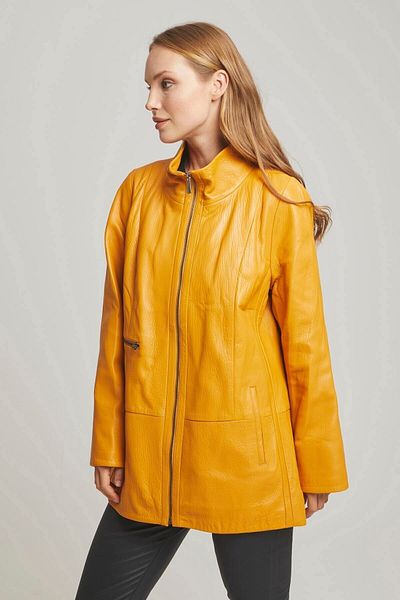 Deriderim Yellow Alessa Zippered Wide Cut Long Women's Genuine Leather Coat