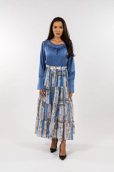 Gorgeaux Blue Silk Blouse And Skirt Set Angela - Xxl(44)