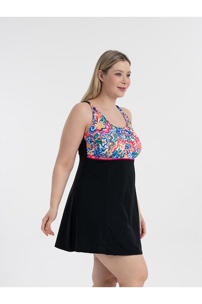 AQUAVİVA Aquaviva - Women's Plus Size Black Carnation Pattern Gathering Stylish Dress Swimsuit