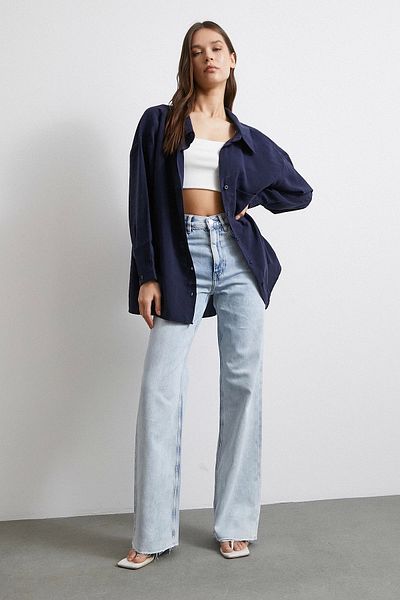 Never more High Waist Lycra Cut Leg Jean Ice Blue