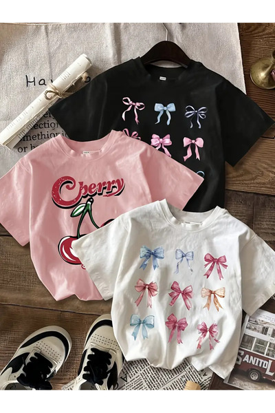 MORNİNG KİDS Комплект от 3 тениски за момичета, черно, бяло, розово, с пандел...