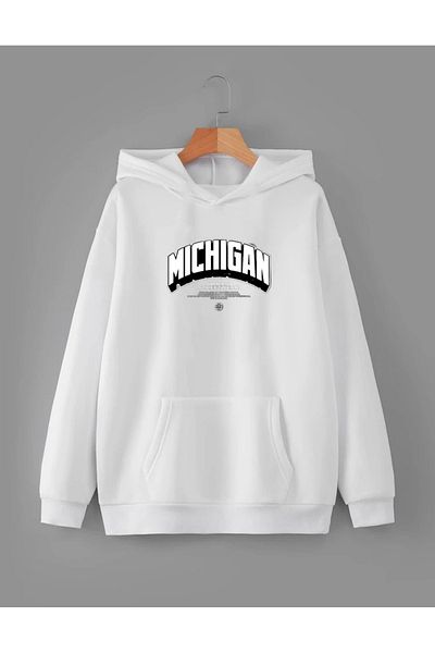 RPT MODA Oversized Michigan Print Detail Hooded Basic Sweatshirt