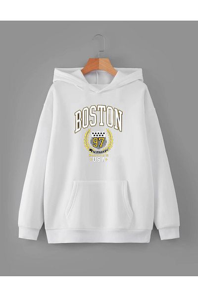 RPT MODA Oversized Boston Printed Basic Sweatshirt with Hooded